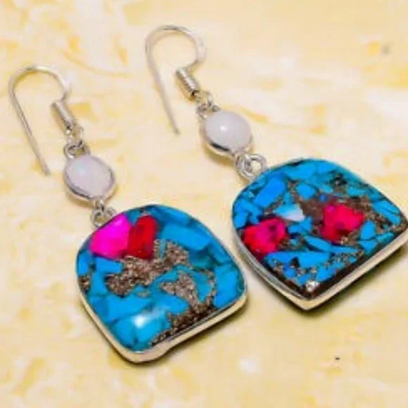 NEW Spiny Oyster Moonstone Gemstone Handmade Gift Jewelry Earrings 1.97" Silver - Picture 3 of 5